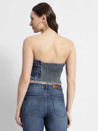 Madame Blue Front Zipper Denim Tube Top