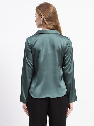 Madame Satin Bell Sleeve Collared Solid Jade Green Top