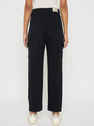 Madame Multi Pocketed Black Straight Cotton Denim Cargo