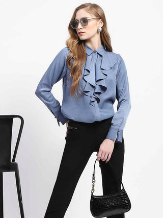 Madame Ruffle Collar Solid Blue Shirt