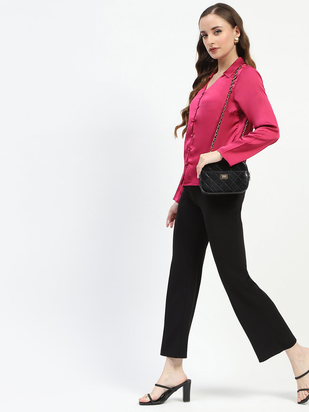 Madame Satin Bell Sleeve Collared Solid Fuschia Top color swatch