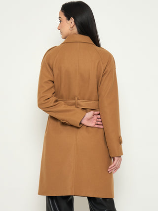 Madame Shirt Collar Khaki Long Coat with Buttons and Belt