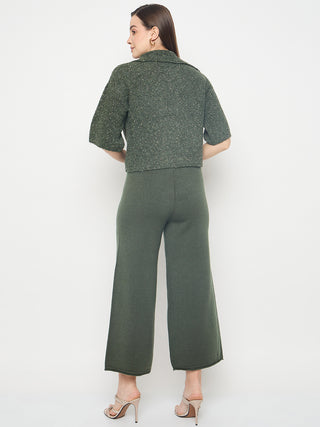 Madame Textured Coat with Solid Top and Bottoms Olive Green Co-ord Set