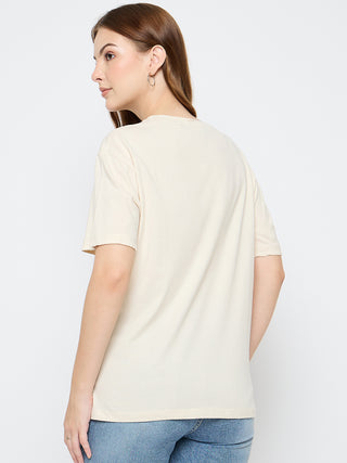 Madame Embroidered Patch Pocket Beige Cotton T-shirt