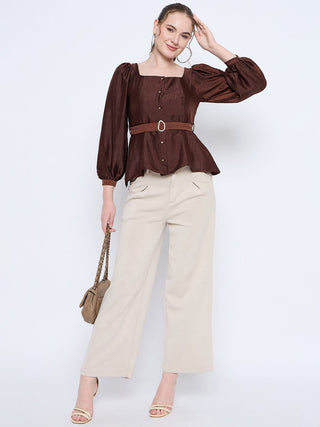 Madame Brown Rayon Blend Square Neck Belted Button Front Top