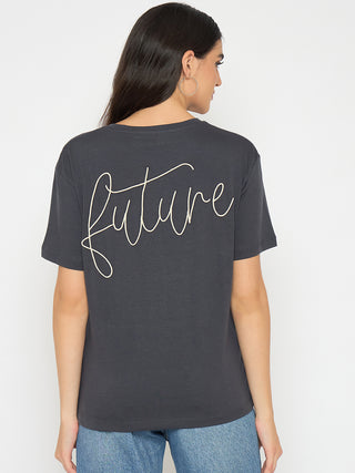 Madame Typography Print Charcoal Black Cotton T-shirt