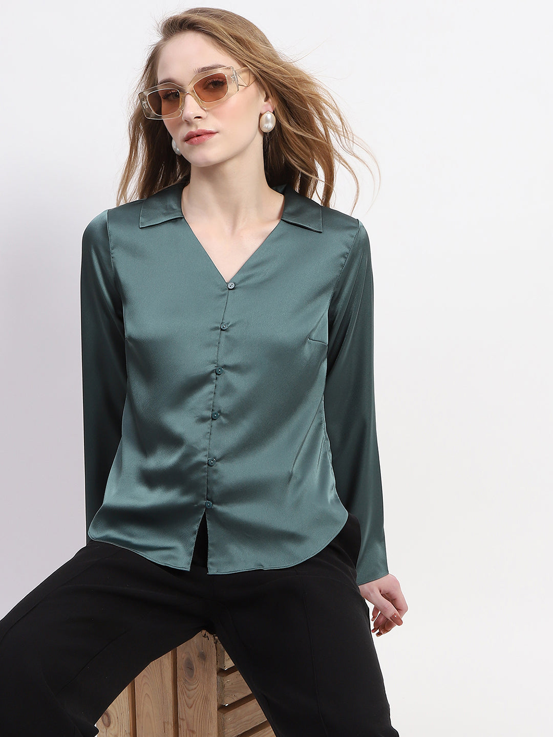Madame Satin Bell Sleeve Collared Solid Jade Green Top color swatch