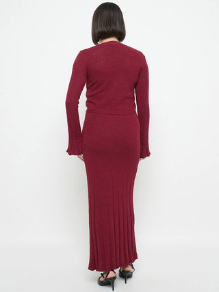 Madame Full Sleeve Top and Maxi Skirt Wine Red Knitted Co-ord Set