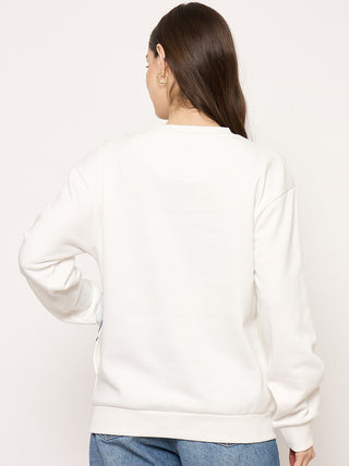 Madame Printed Crew Neck White Sweater