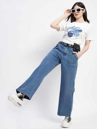 Madame Slant Pocket Flared Mid Blue Denim