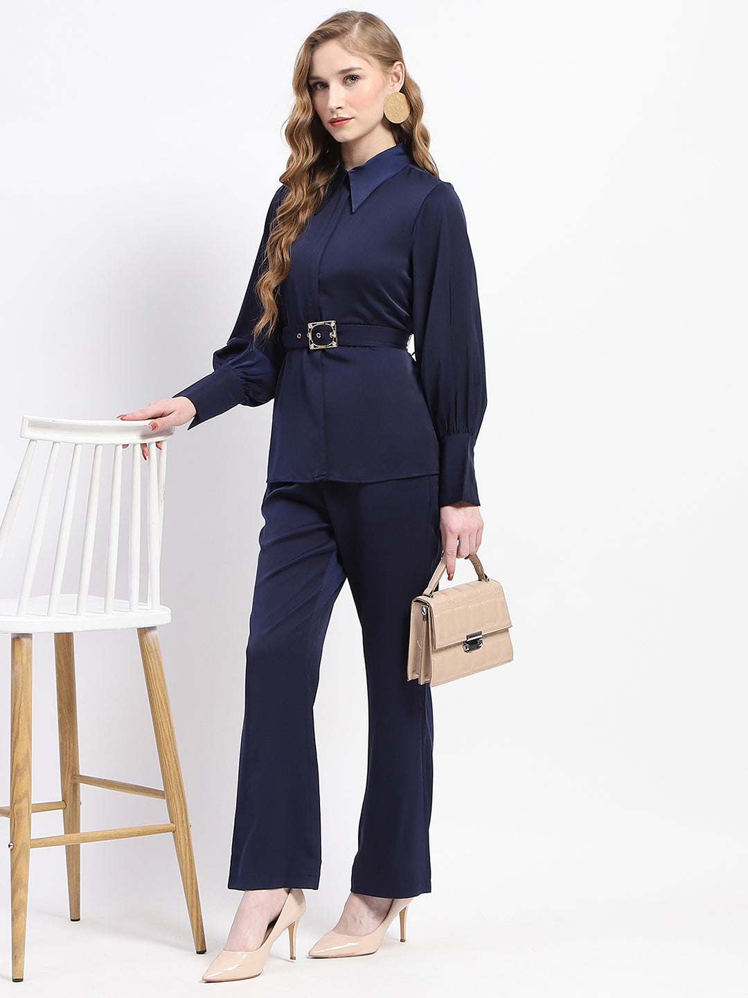 Madame Navy Belted Shirt and Wide-Leg Pants Co-ord Set color swatch