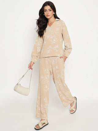 Madame Floral Print Top and Bottoms Beige Co-ord Set