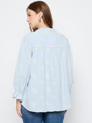 Madame Floral Print Cotton Blend Powder Blue Top