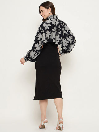 Madame Floral Print Sweater and Solid Dress Black Knitted Co-ord Set