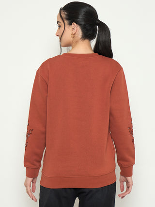 Madame Embroidered Round Neck Rust Orange Sweater