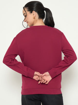 Madame Crew Neck Printed Wine Red Sweatshirt