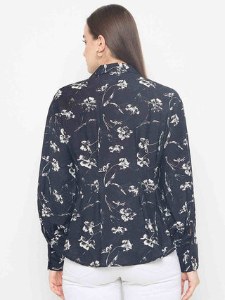 Madame Floral Print Pintuck Detailed Black Shirt