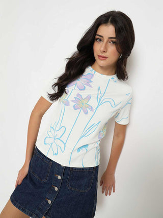 Madame Floral Print Sequin Detailed White T-Shirt
