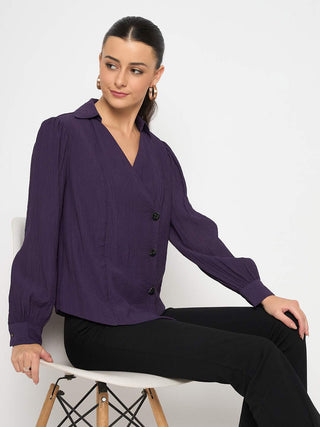 Madame Purple Asymmetrical Front Hemline Rayon Blend Shirt