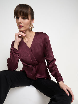 Madame Solid Maroon Overlap Asymmetrical Ruched Sleeve Satin Top
