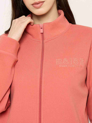 Madame Mock Neck Solid Peach Sweatshirt