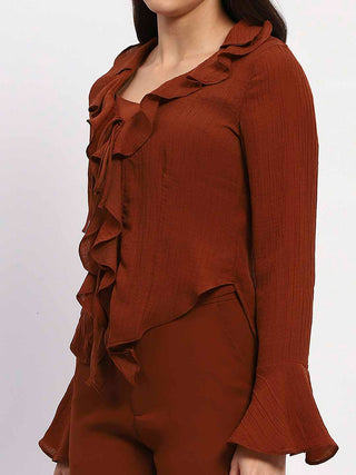 Madame Solid Rust Ruffle Neck Bell Sleeve Top
