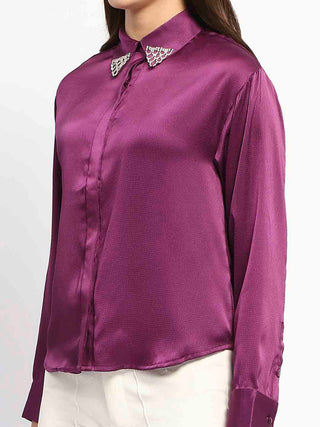 Madame Embellished Collar Cuff Sleeve Solid Purple Shirt