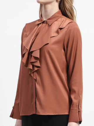 Madame Ruffle Collar Solid Rust Shirt