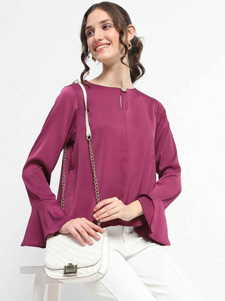Madame Solid Plum Ruffle Sleeve Satin Top