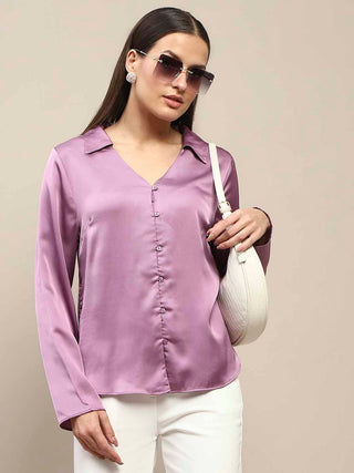 Madame Satin Bell Sleeve Collared Solid Lilac Top