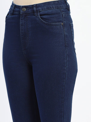 Madame Flared Solid Blue Cotton Blend Denim