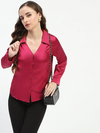 Madame Satin Bell Sleeve Collared Solid Fuschia Top