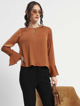 Madame Solid Golden Ruffle Sleeve Satin Top