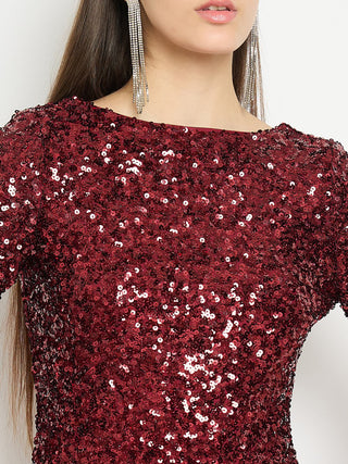 Madame Boat Neck Maroon Printed Bodycon Dress