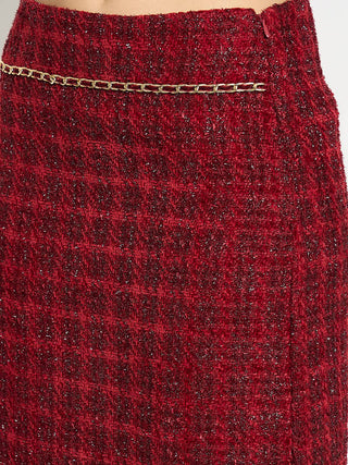 Madame Maroon Textured Tweed Mini Skirt