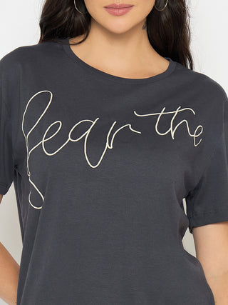 Madame Typography Print Charcoal Black Cotton T-shirt