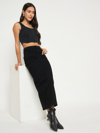 Madame Solid Jet Black Cotton Blend Maxi Denim Skirt