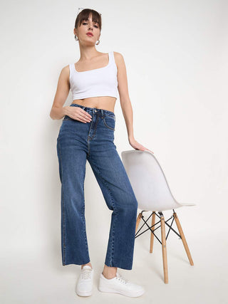 Madame Whiskered Cotton Blend Mid Blue Denim Jeans