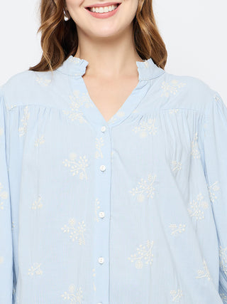Madame Floral Print Cotton Blend Powder Blue Top