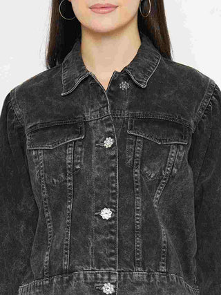 Madame Gray Wash Embellished Black Denim Jacket