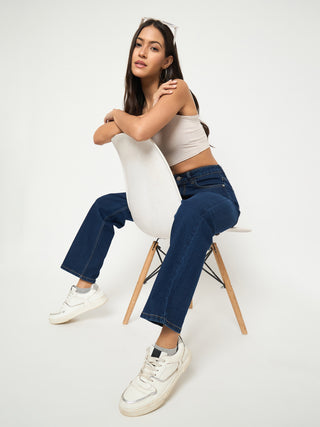 Madame Acid Wash Dark Blue Cotton Blend Straight Jeans