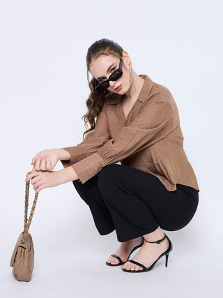 Madame Solid Tan Wing Neck Button Down Cuff Sleeve Shirt