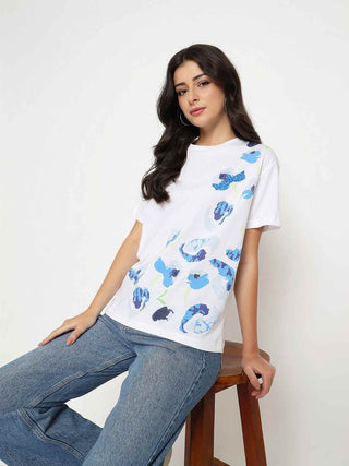 Madame Abstract Print Half Sleeve White Cotton T-shirt