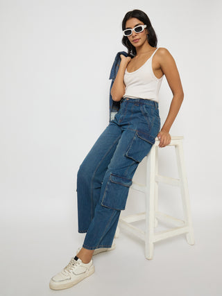 Madame Multi Pocketed Mid Blue Cotton Denim Cargo