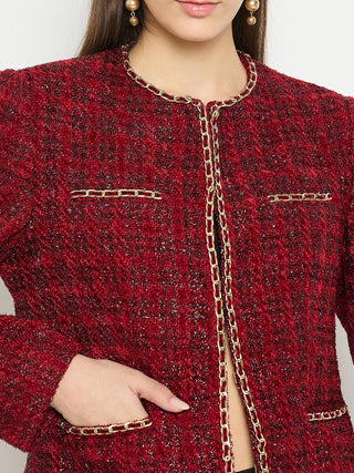 Madame Round Neck Embellished Maroon Tweed Coat