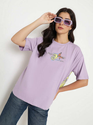 Madame Front and Back Graphic Print Lilac Cotton T-Shirt