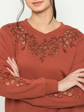 Madame Embroidered Round Neck Rust Orange Sweater