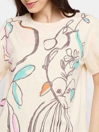 Madame Abstract Print Cotton Beige Half T-shirt
