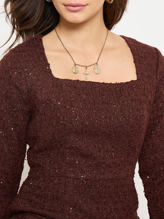 Madame Brown Bodycon Dress with Feather Trim Sleeves