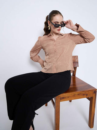 Madame Crushed Tissue Flounce Sleeve Beige Shirt